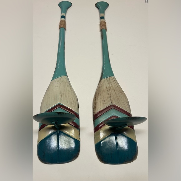 Two metal decorative boat oar candle holders.  24” length 4” Wide Beach Decor - Picture 3 of 11